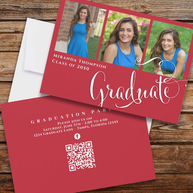 Graduate Photo Collage Typography Simple Red Invitation (Creator Uploaded)
