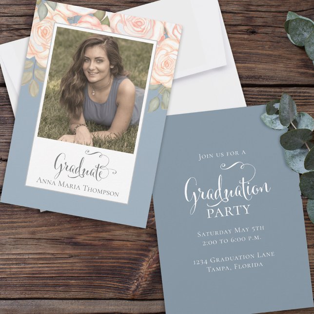 Graduate Photo Dusty Blue Floral Typography Invitation (Creator Uploaded)