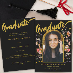 Graduate Photo Floral Arch Black and Gold Script Announcement
