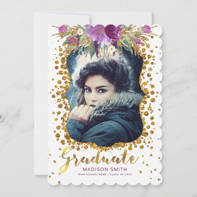 Graduate Photo Floral Faux Gold Glitter Confetti Announcement (Front)