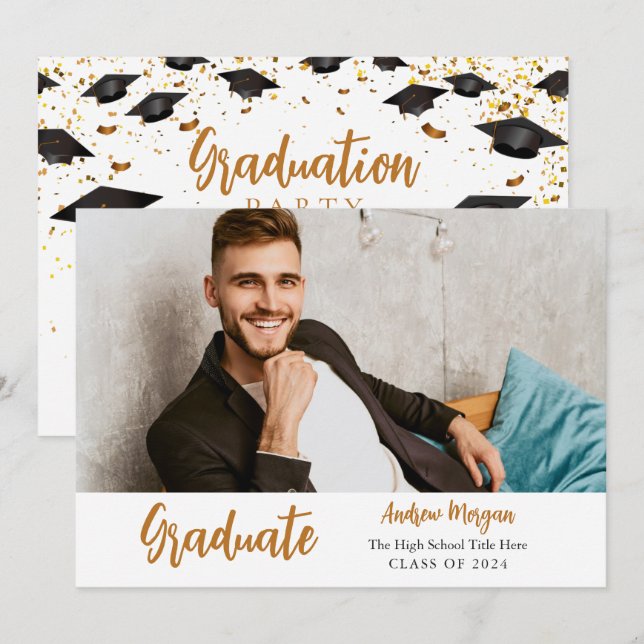 Graduate Photo Gold confetti Graduation Cap Invitation (Front/Back)