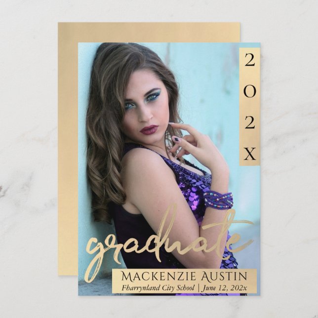 Graduate Photo | Gold Script Elegant Graduation  Announcement (Front/Back)