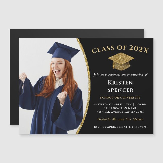 Graduate Photo Graduation Modern Black Gold Magnet (Front/Back)