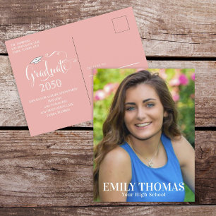Graduate Photo Minimalist Simple Script Peach Postcard