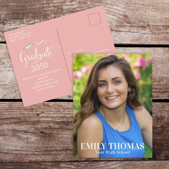 Graduate Photo Minimalist Simple Script Peach Postcard (Creator Uploaded)