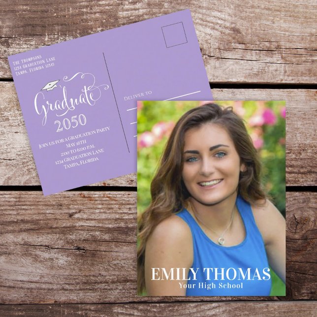 Graduate Photo Minimalist Simple Script Purple Postcard (Creator Uploaded)