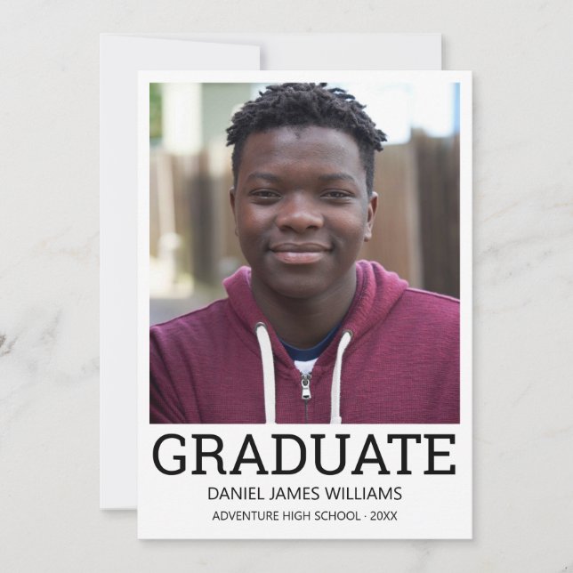 Graduate Photo Minimalist White Frame Black Script Announcement (Front)