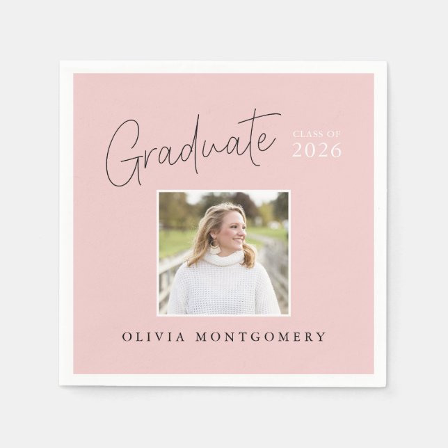 Graduate Photo Modern Script Graduation Party Napkin (Front)