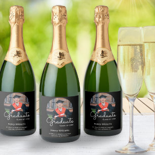 Graduate Photo Name Black Stylish Graduation Party Sparkling Wine Label