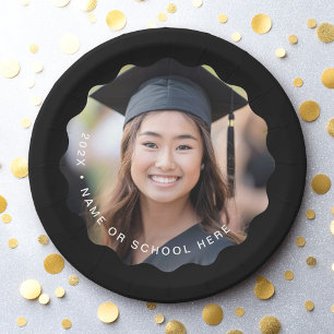 Graduate photo name black wavy border graduation paper plate