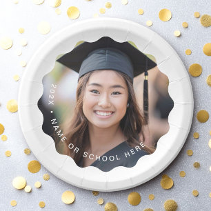 Graduate photo name white wavy border graduation paper plate