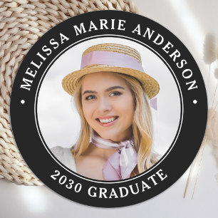 Graduate Photo Name Year Chic Black Graduation Classic Round Sticker
