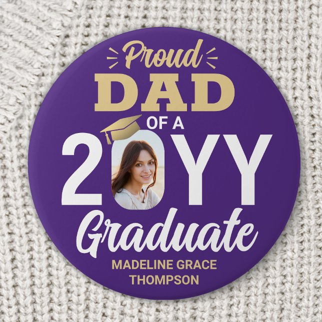 Graduate Photo Proud Dad Modern Purple and Gold 7.5 Cm Round Badge (Creator Uploaded)