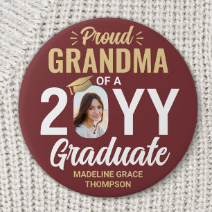 Graduate Photo Proud Grandma Burgundy Red and Gold 7.5 Cm Round Badge