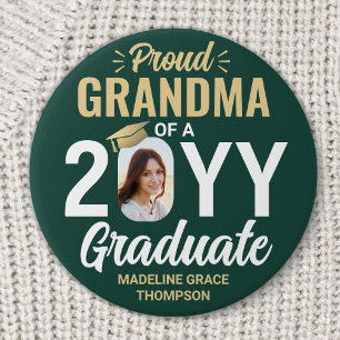 Graduate Photo Proud Grandma Modern Green and Gold 7.5 Cm Round Badge