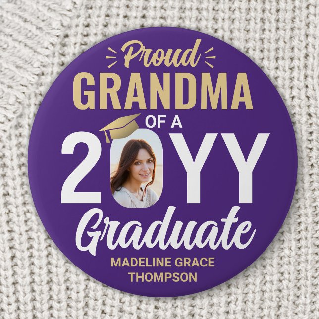 Graduate Photo Proud Grandma Modern Purple & Gold 7.5 Cm Round Badge (Creator Uploaded)