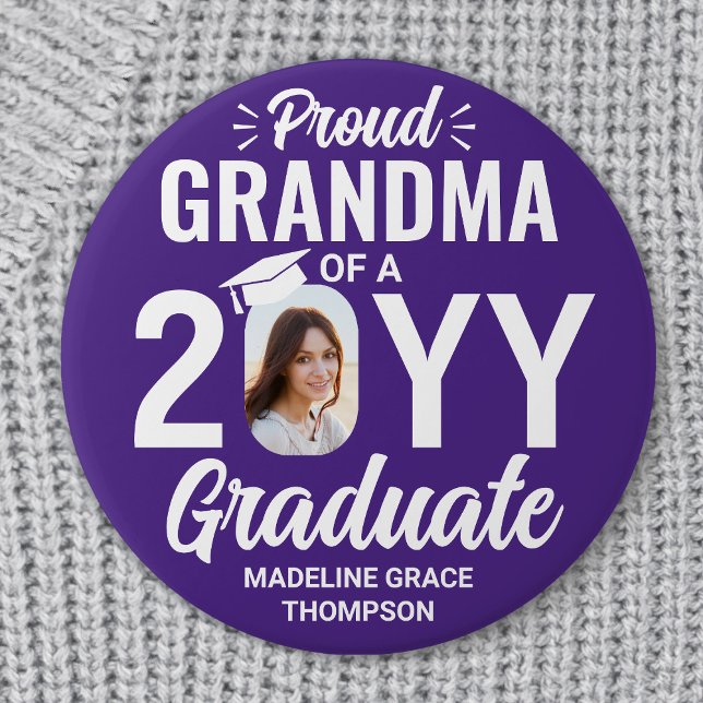 Graduate Photo Proud Grandma Modern Purple & White 7.5 Cm Round Badge (Creator Uploaded)