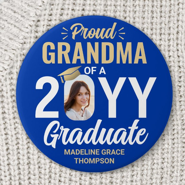 Graduate Photo Proud Grandma Royal Blue and Gold 7.5 Cm Round Badge (Creator Uploaded)