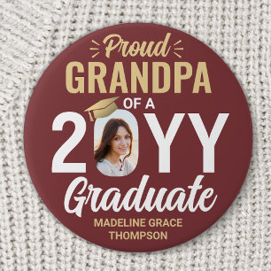 Graduate Photo Proud Grandpa Burgundy Red and Gold 7.5 Cm Round Badge