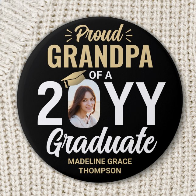 Graduate Photo Proud Grandpa Elegant Black & Gold 7.5 Cm Round Badge (Creator Uploaded)