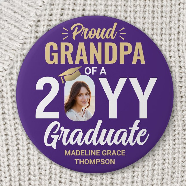 Graduate Photo Proud Grandpa Modern Purple & Gold 7.5 Cm Round Badge (Creator Uploaded)