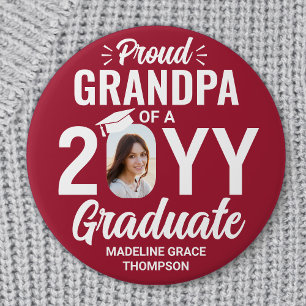 Graduate Photo Proud Grandpa Modern Red and White 7.5 Cm Round Badge