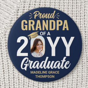 Graduate Photo Proud Grandpa Navy Blue and Gold 7.5 Cm Round Badge