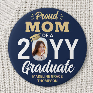 Graduate Photo Proud Mum Elegant Navy Blue & Gold 7.5 Cm Round Badge