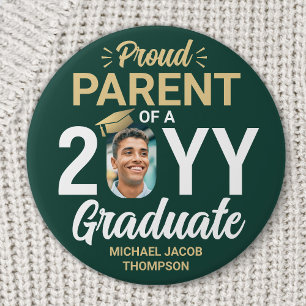 Graduate Photo Proud Parent Modern Green and Gold 7.5 Cm Round Badge