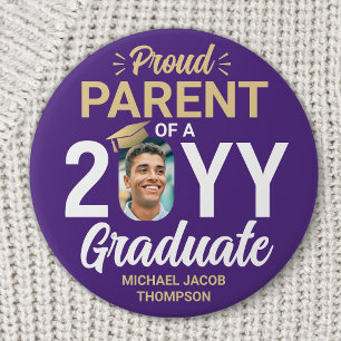 Graduate Photo Proud Parent Modern Purple & Gold 7.5 Cm Round Badge