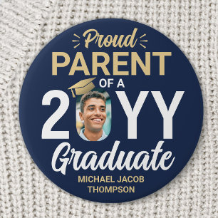 Graduate Photo Proud Parent Navy Blue and Gold 7.5 Cm Round Badge