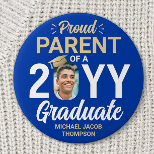 Graduate Photo Proud Parent Royal Blue and Gold 7.5 Cm Round Badge