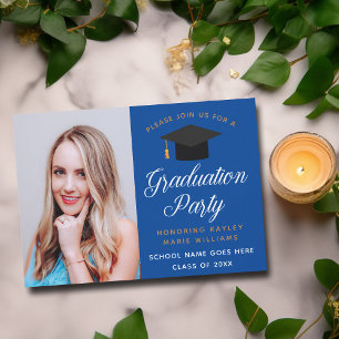 Graduate Photo Royal Blue Gold Graduation Party Invitation
