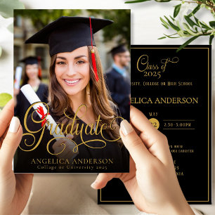 Graduate Photo Script Gold Black Invitation