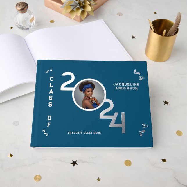 Graduate Photo Senior Class Year Silver  Guest Book (Front Open)