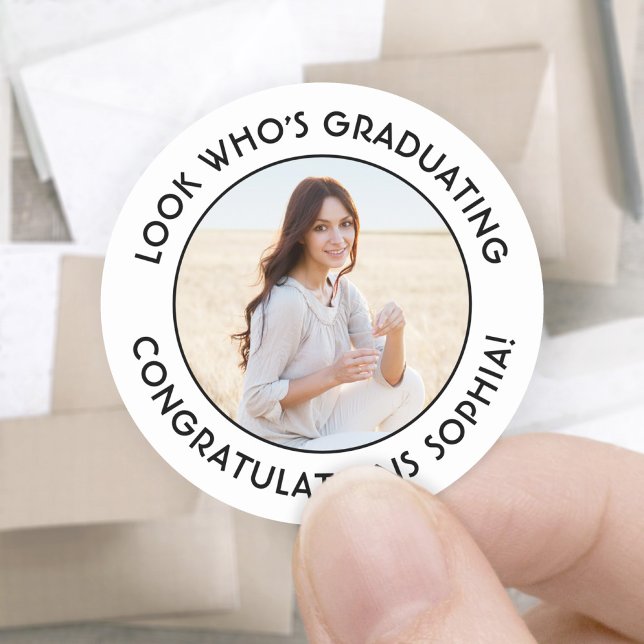 Graduate Photo Simple Black and White Graduation Classic Round Sticker (Creator Uploaded)