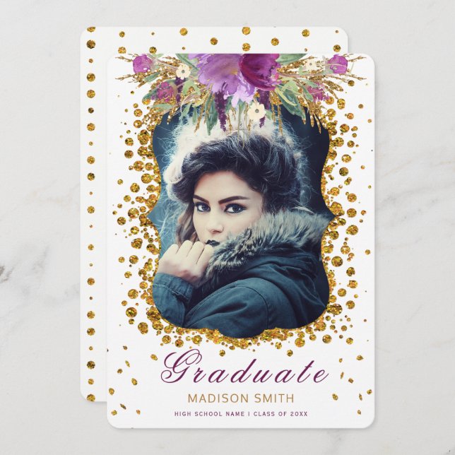 Graduate Photo Sparkle Flowers Glitter Confetti Invitation (Front/Back)
