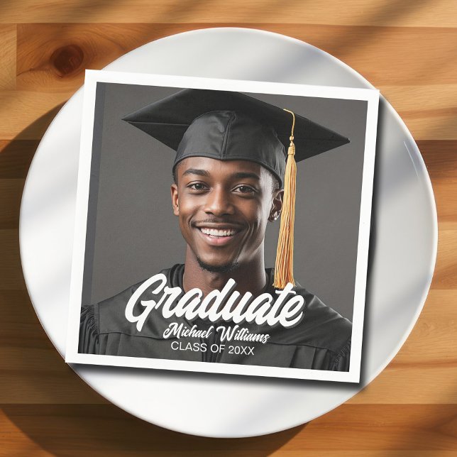 Graduate Photo w Bold Script Graduation Party Napkin (Creator Uploaded)