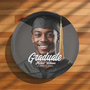 Graduate Photo w Bold Script Graduation Party Paper Plate