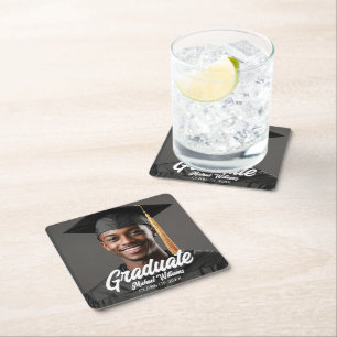 Graduate Photo w Bold Script Graduation Party Square Paper Coaster