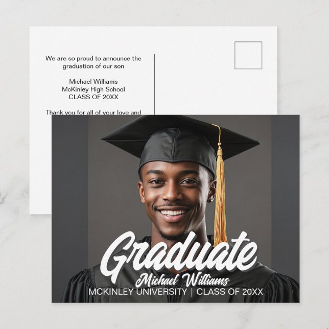 Graduate Photo with Bold Script Graduation Announcement Postcard (Front/Back)