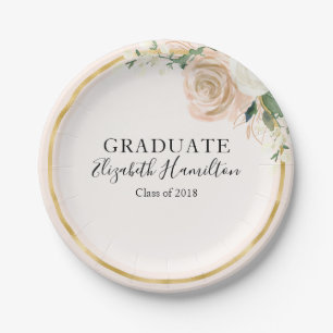 Graduate Pink Blush & Foil Gold Modern Chic Floral Paper Plate