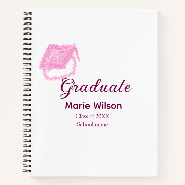 graduate pink glitter graduation cap add name clas notebook (Front)