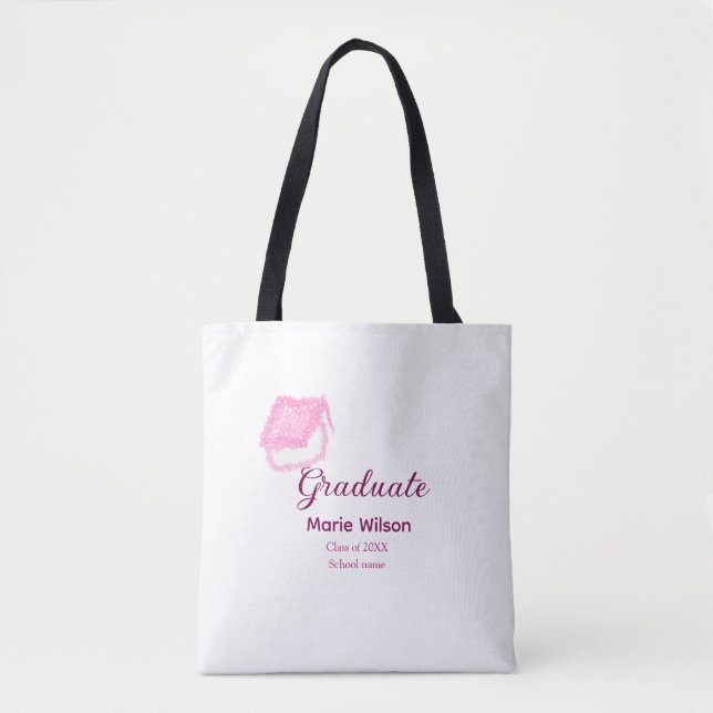graduate pink glitter graduation cap add name clas tote bag (Front)