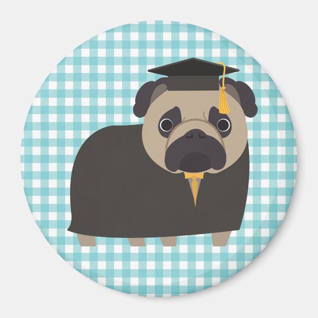 Graduate Pug on Blue and White Gingham Design Magnet (Front)