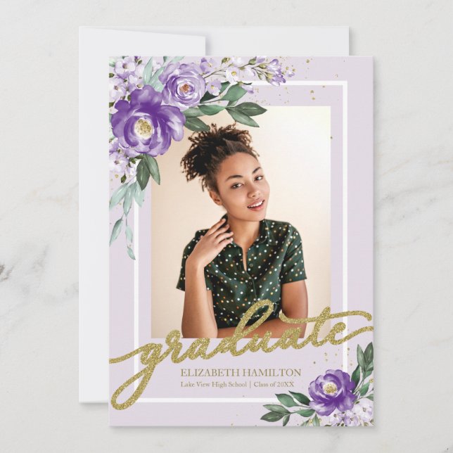 Graduate Purple Floral Grad Announcement Photo (Front)