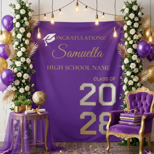 Graduate Purple Gold Script Graduation Party Tapestry