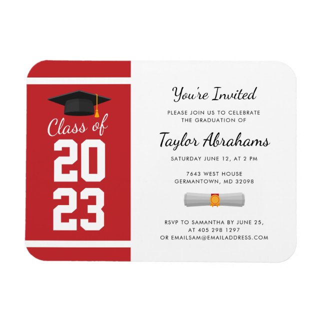Graduate Red White Graduation 2025 Invitation Magnet (Horizontal)
