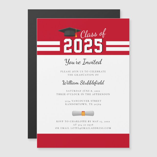 Graduate Red White Simple Modern Graduation Magnetic Invitation (Front/Back)