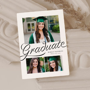 Graduate ribbon script three photo graduation announcement